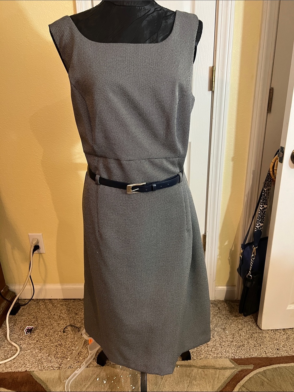 Studio I Gray Textured Midi Dress with Slim Navy Belt